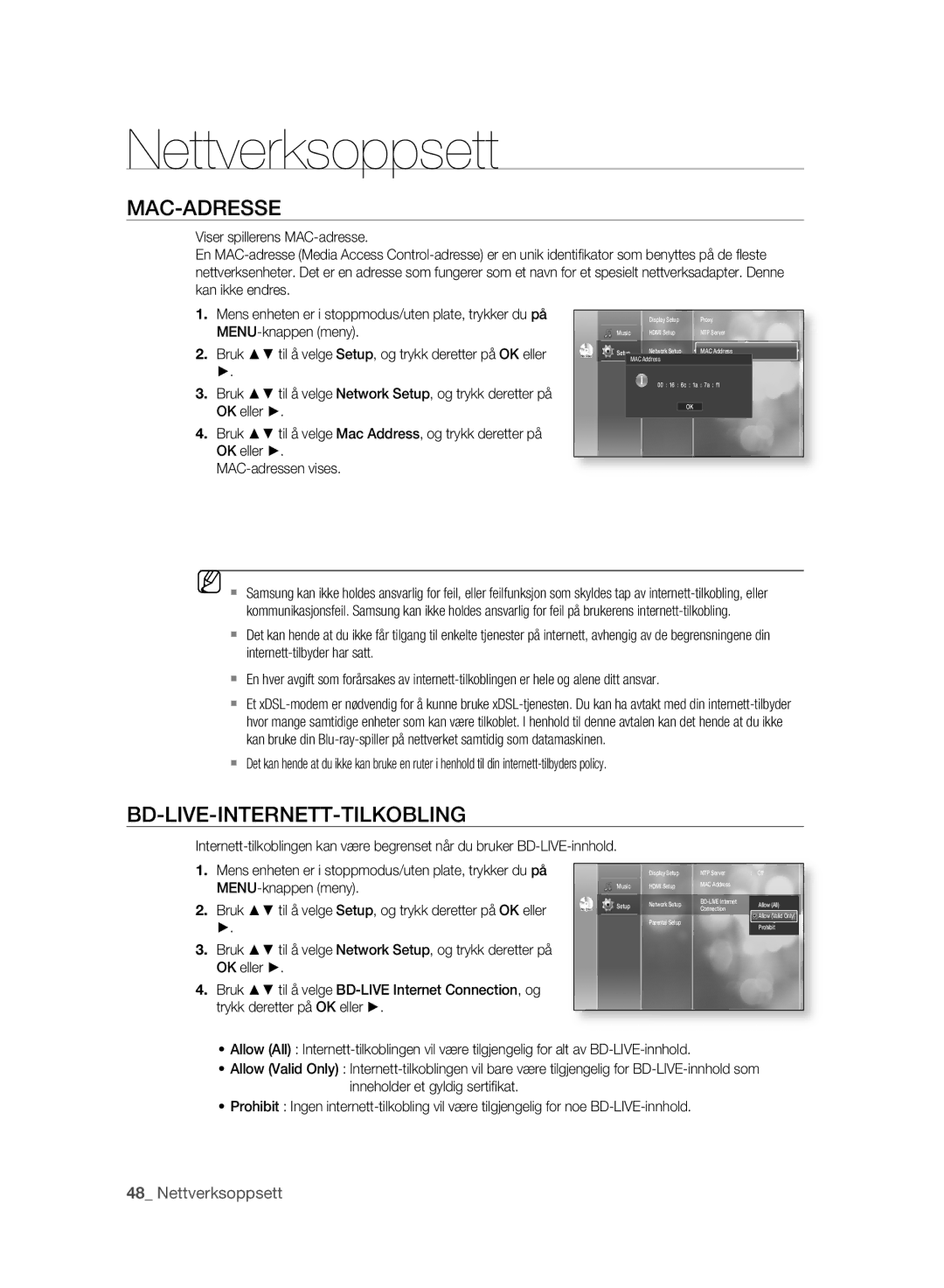 Samsung BD-P2500/XEE manual Nettverksoppsett, Mac-Adresse, Bd-Live-Internett-Tilkobling, MENU-knappen meny 