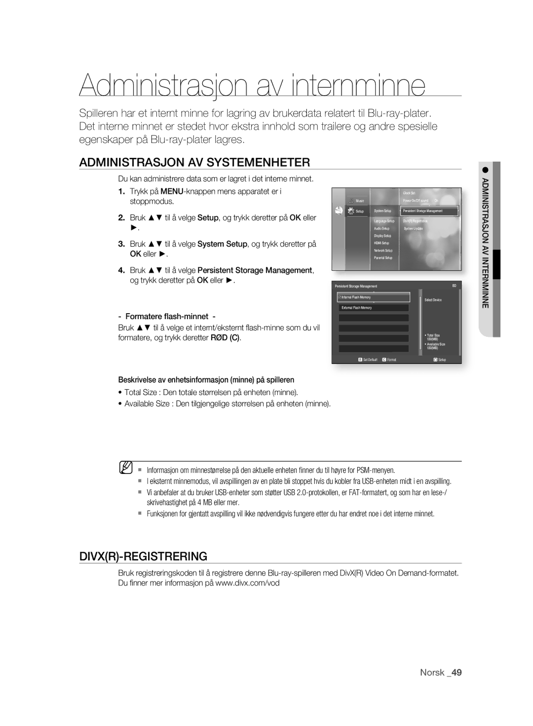 Samsung BD-P2500/XEE manual Administrasjon av internminne, Administrasjon AV Systemenheter, Divxr-Registrering 