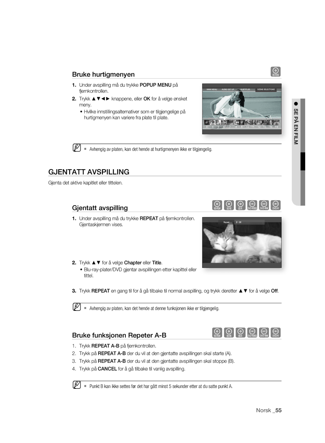 Samsung BD-P2500/XEE manual Gjentatt Avspilling, Bruke hurtigmenyen, Bruke funksjonen Repeter A-B, Se På, EN Film 