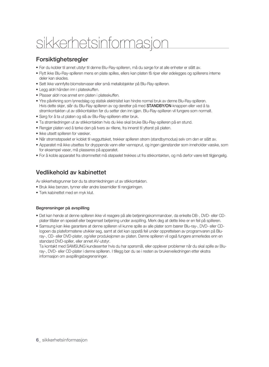 Samsung BD-P2500/XEE manual Forsiktighetsregler 