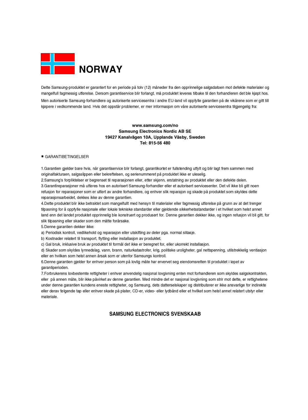 Samsung BD-P2500/XEE manual Norway 