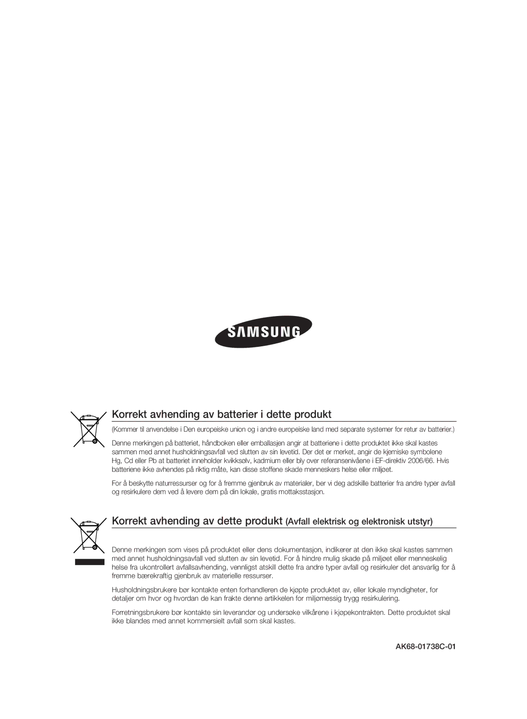 Samsung BD-P2500/XEE manual Korrekt avhending av batterier i dette produkt 