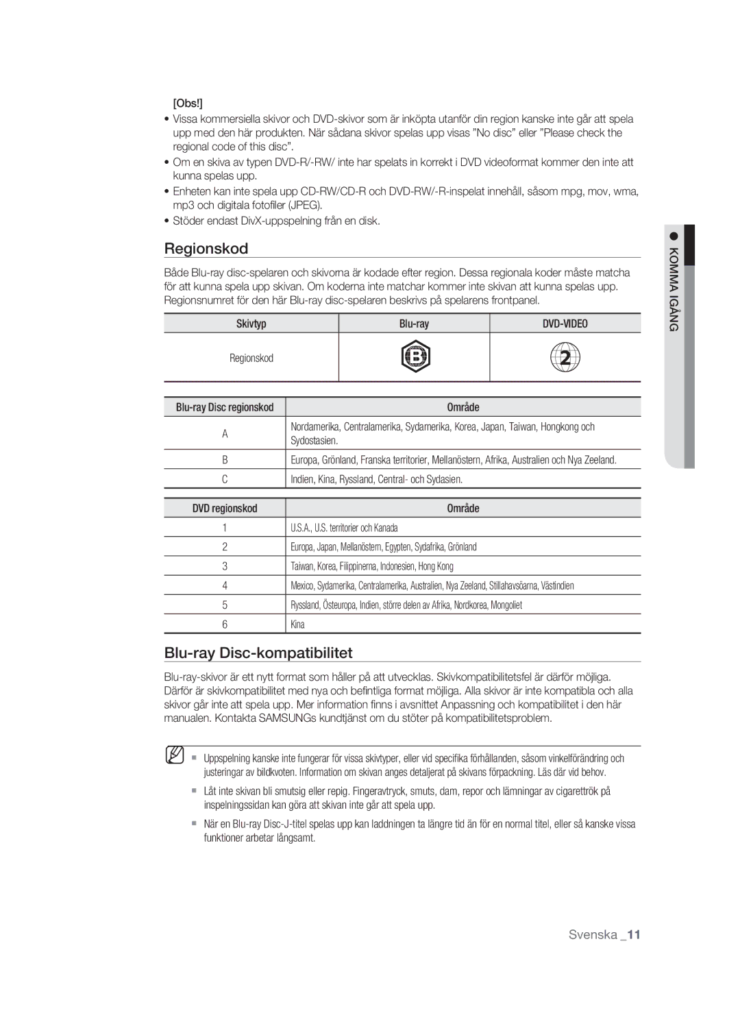 Samsung BD-P2500/XEE manual Regionskod, Blu-ray Disc-kompatibilitet 