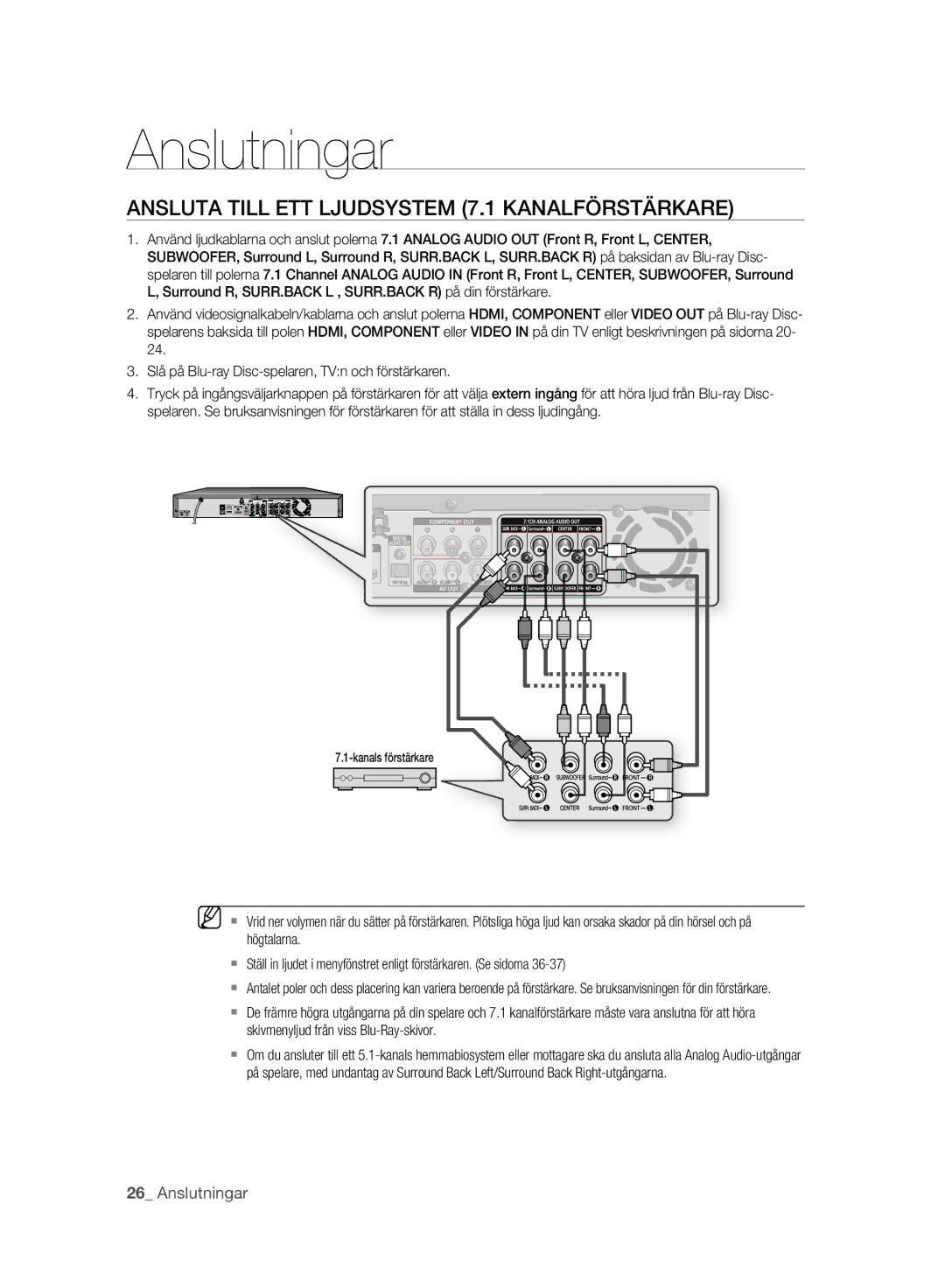 Samsung BD-P2500/XEE manual Ansluta Till ETT Ljudsystem 7.1 Kanalförstärkare 