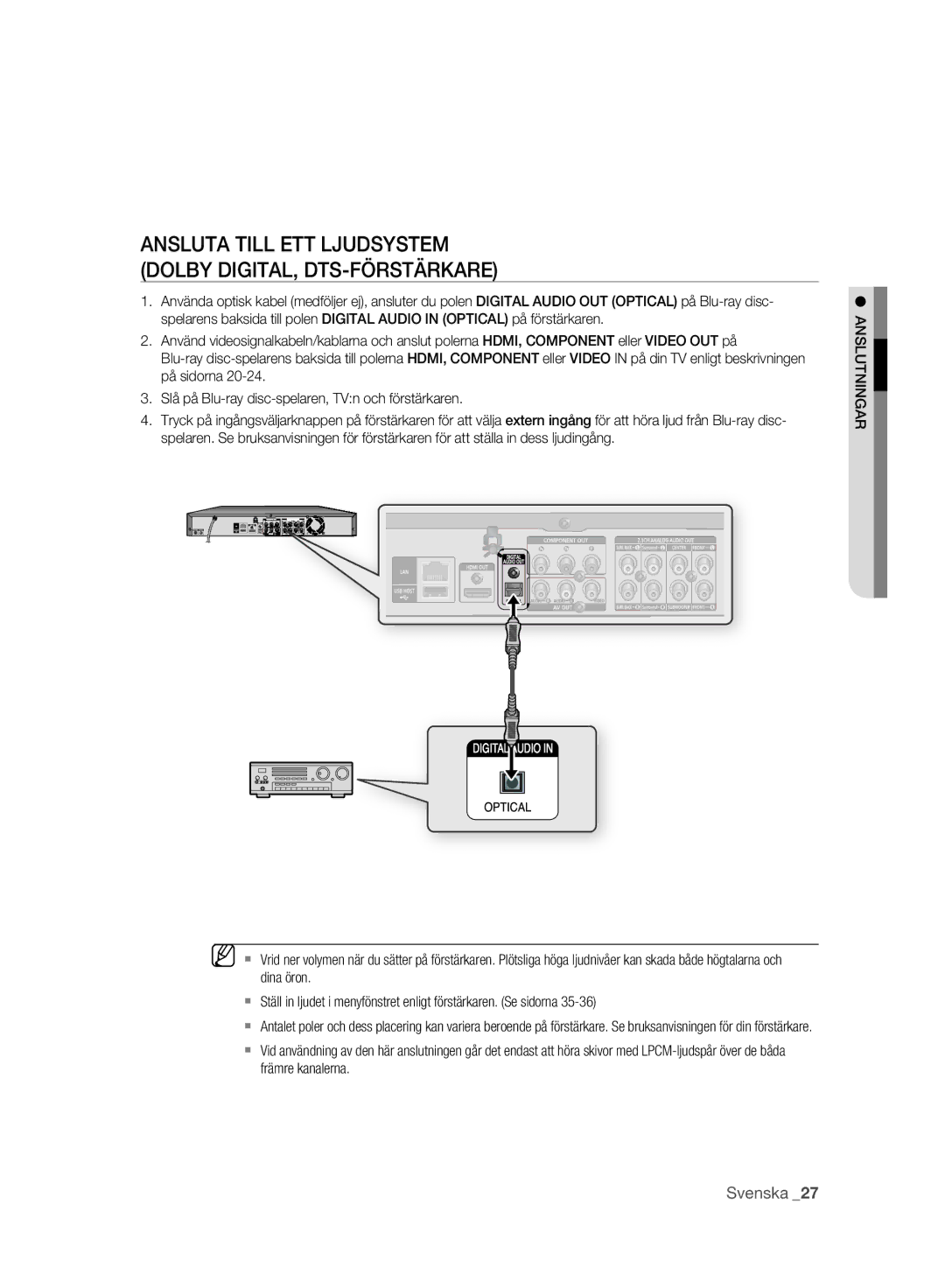 Samsung BD-P2500/XEE manual Ansluta Till ETT Ljudsystem Dolby DIGITAL, DTS-FÖRSTÄRKARE 