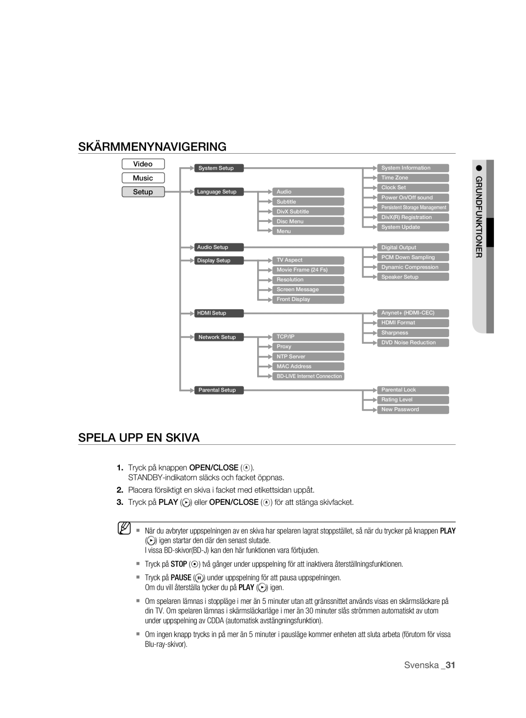 Samsung BD-P2500/XEE manual Skärmmenynavigering, Spela UPP EN Skiva, Grundfunktioner 