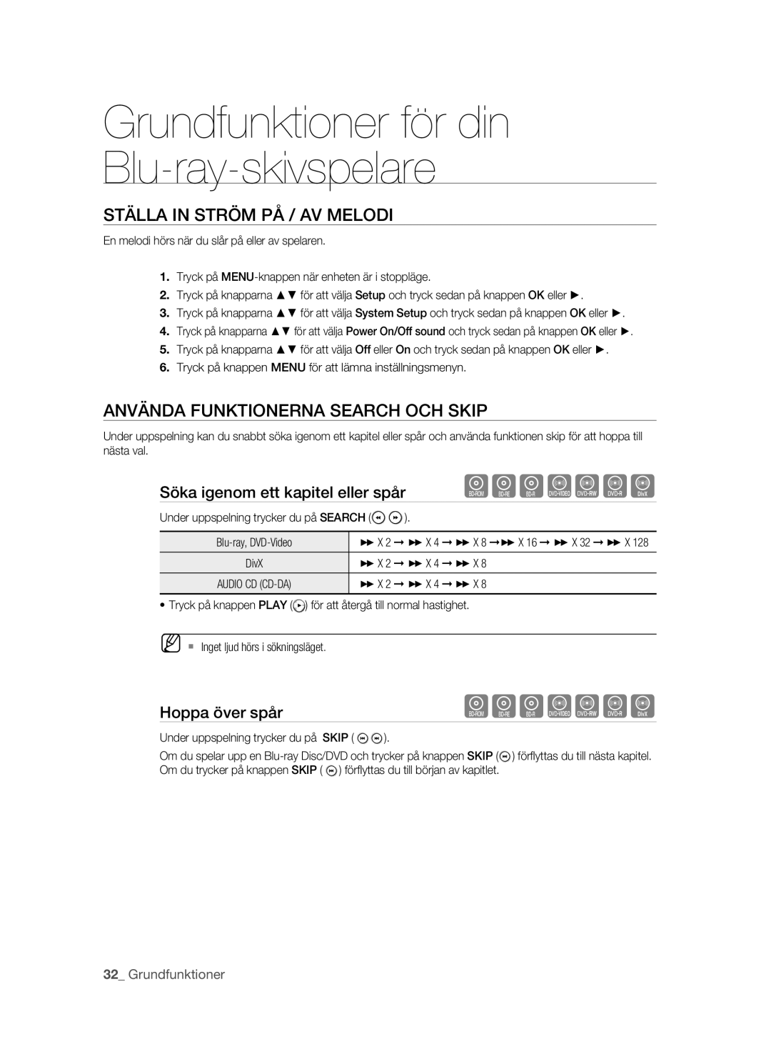 Samsung BD-P2500/XEE manual Ställa in Ström PÅ / AV Melodi, Använda Funktionerna Search OCH Skip, Hoppa över spår 