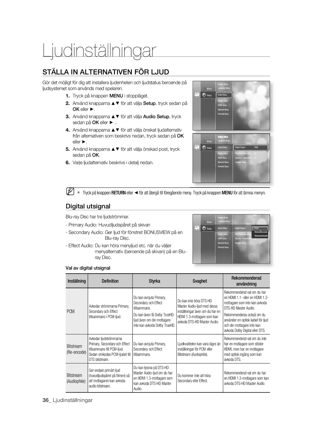 Samsung BD-P2500/XEE manual Ljudinställningar, Ställa in Alternativen FÖR Ljud, Digital utsignal, Pcm 