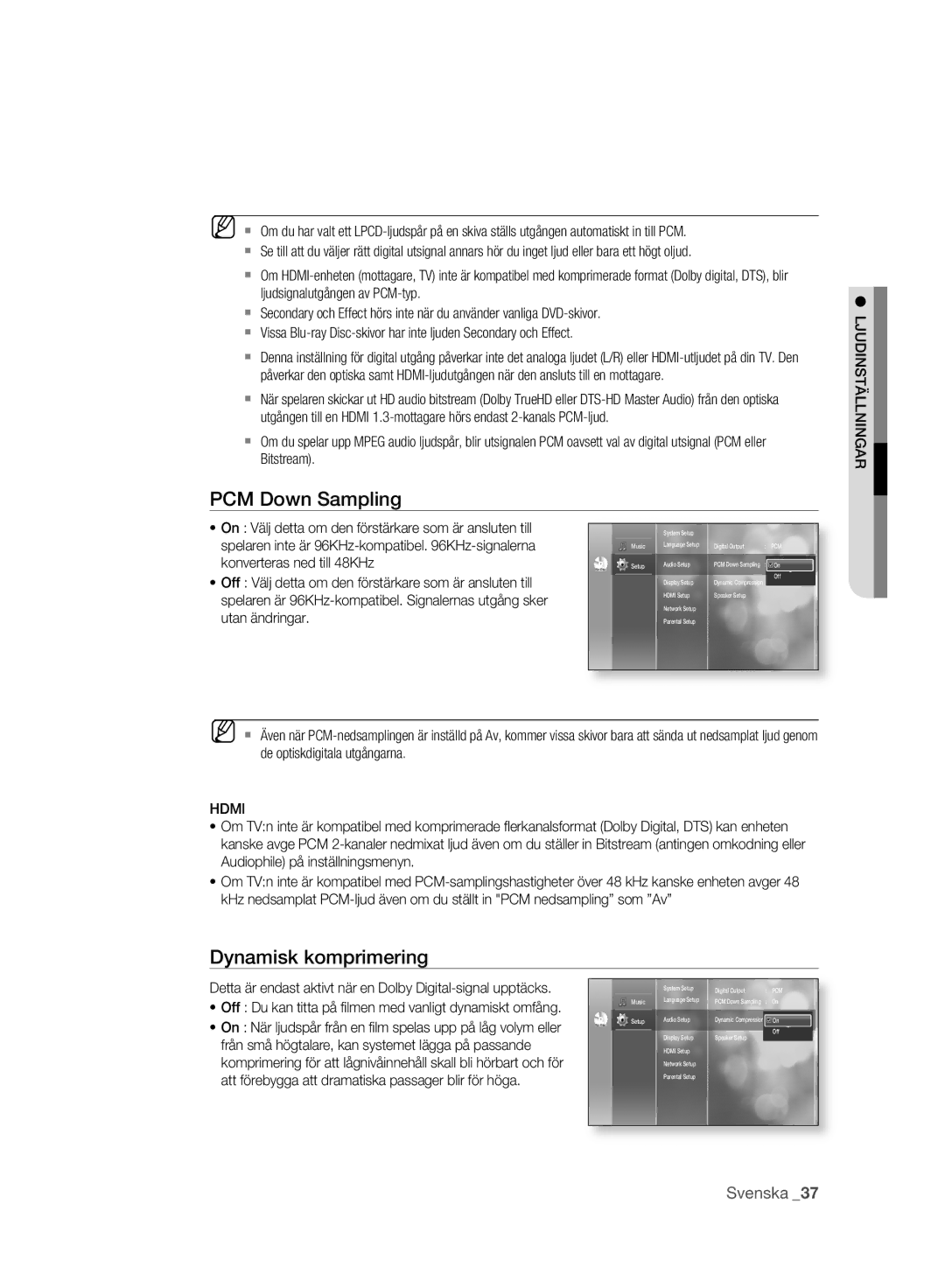 Samsung BD-P2500/XEE manual PCM Down Sampling, Dynamisk komprimering, Ljudinställningar, Hdmi 