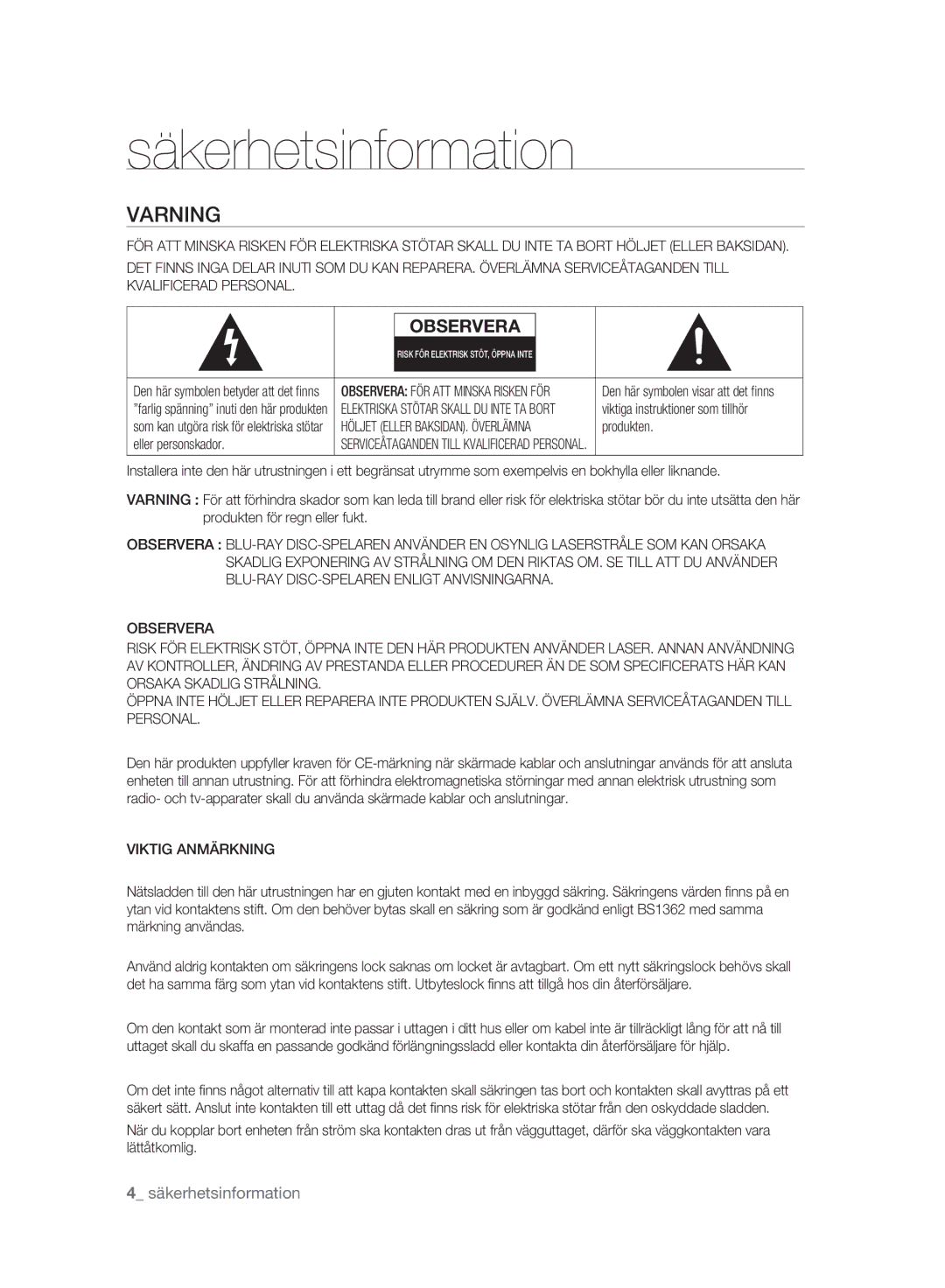 Samsung BD-P2500/XEE manual Säkerhetsinformation, Varning, Viktig Anmärkning 