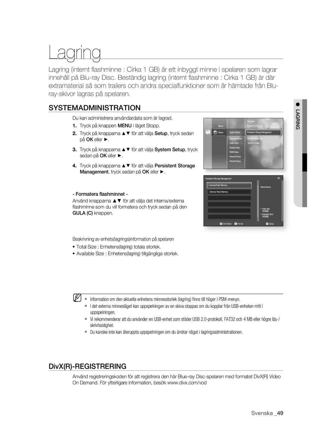 Samsung BD-P2500/XEE manual Lagring, Systemadministration, Formatera ﬂashminnet 