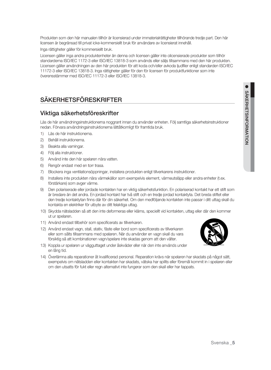 Samsung BD-P2500/XEE manual Säkerhetsföreskrifter, Inga rättigheter gäller för kommersiellt bruk, Säkerhetsinformation 