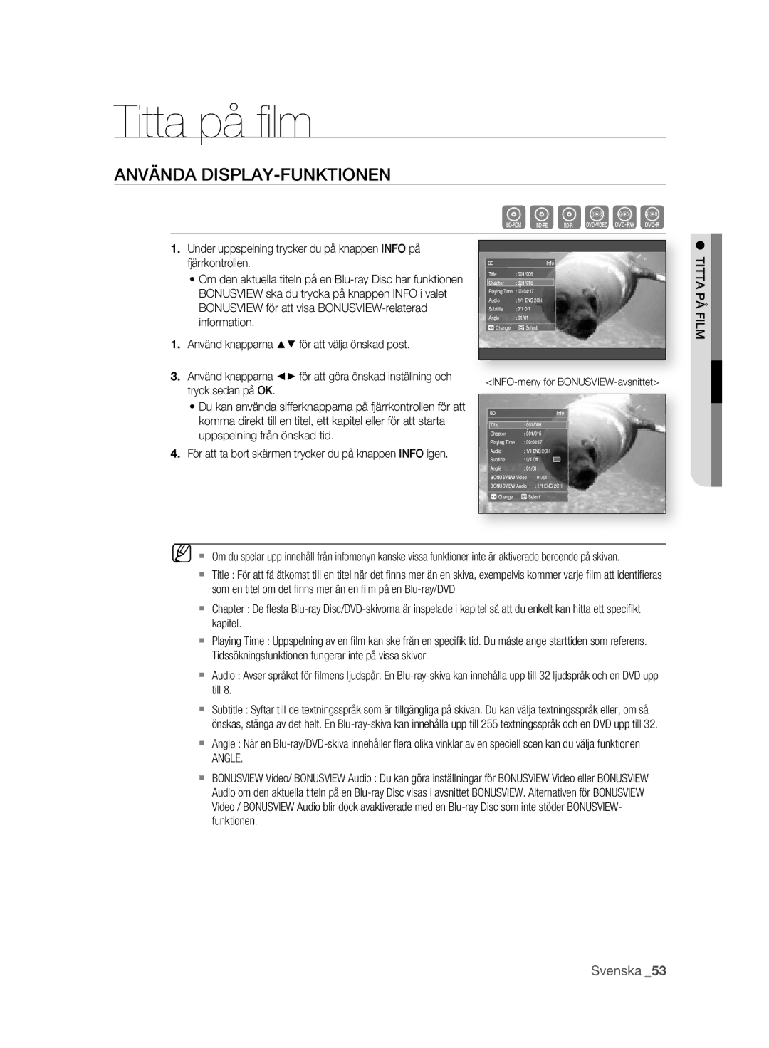 Samsung BD-P2500/XEE manual Titta på ﬁ lm, Använda DISPLAY-FUNKTIONEN, Titta PÅ Film, Angle 