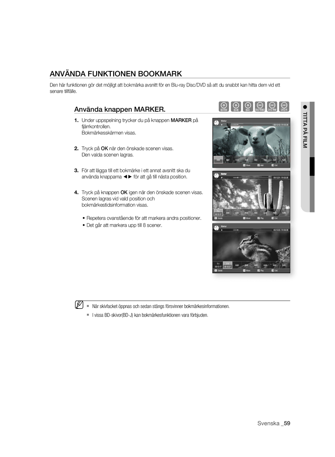 Samsung BD-P2500/XEE manual Använda Funktionen Bookmark, Använda knappen Marker, Det går att markera upp till 8 scener 