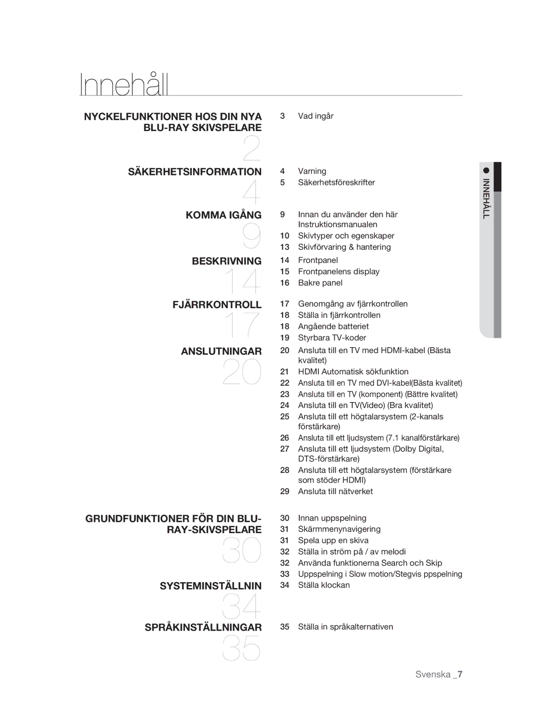 Samsung BD-P2500/XEE manual Innehåll 