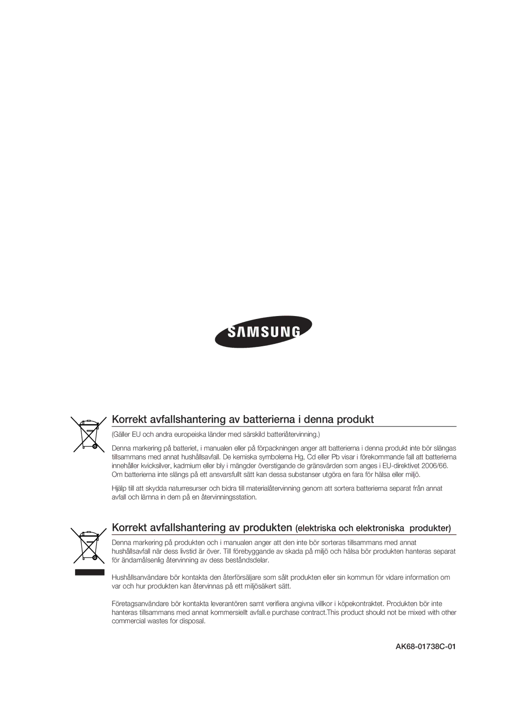 Samsung BD-P2500/XEE manual Korrekt avfallshantering av batterierna i denna produkt 