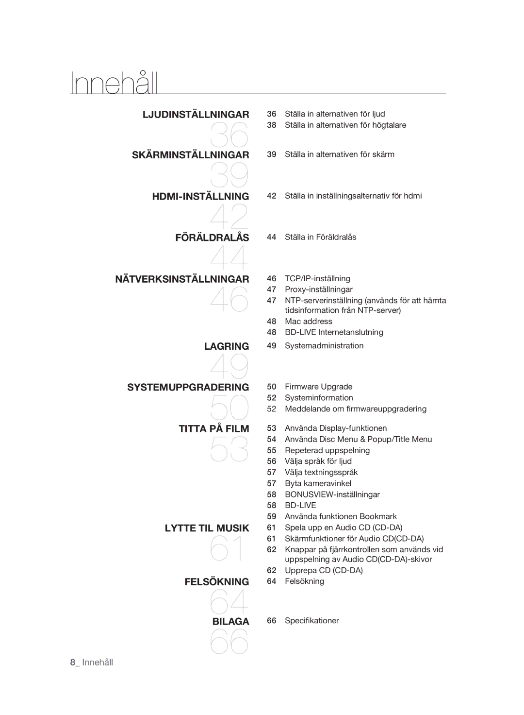 Samsung BD-P2500/XEE manual Innehåll 