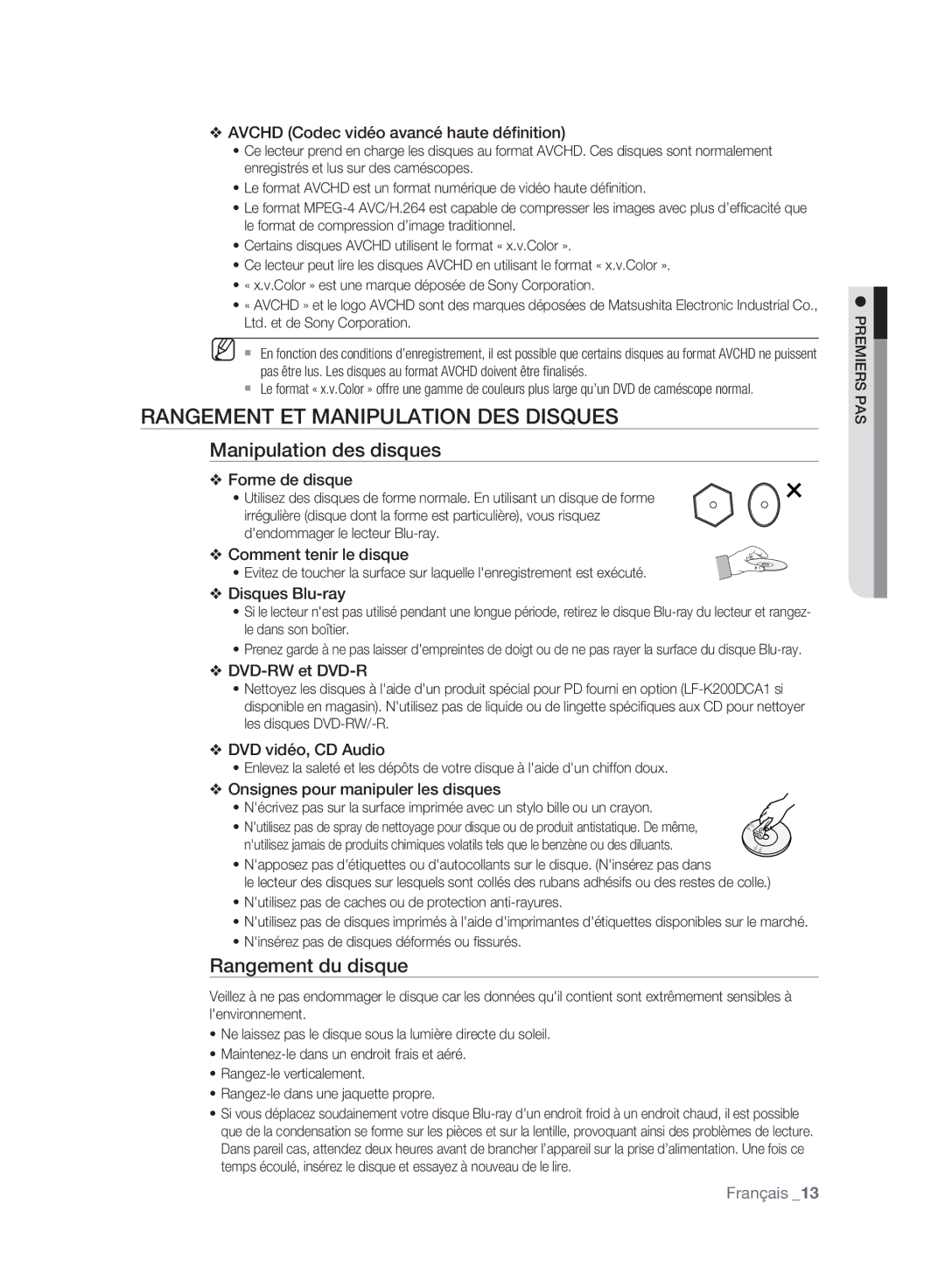 Samsung BD-P2500/XEF manual Rangement ET Manipulation DES Disques, Manipulation des disques, Rangement du disque 