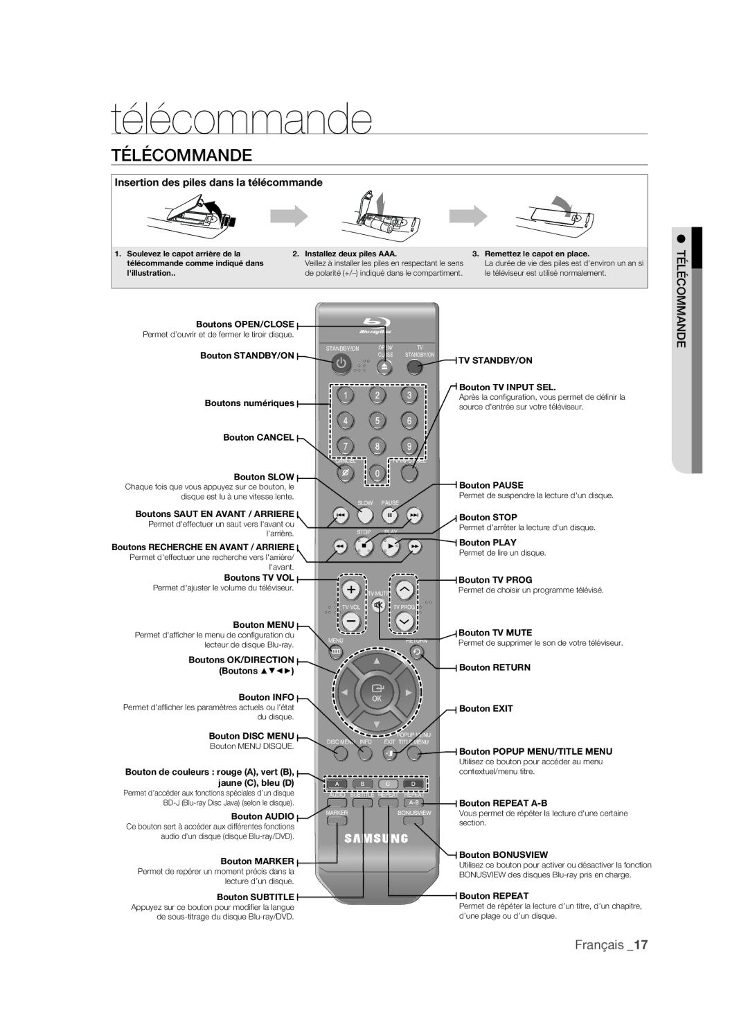 Samsung BD-P2500/XEF manual Télécommande 