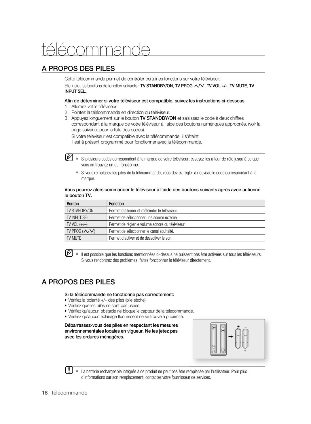 Samsung BD-P2500/XEF manual Propos DES Piles, 18 télécommande, TV Input SEL, TV Mute 