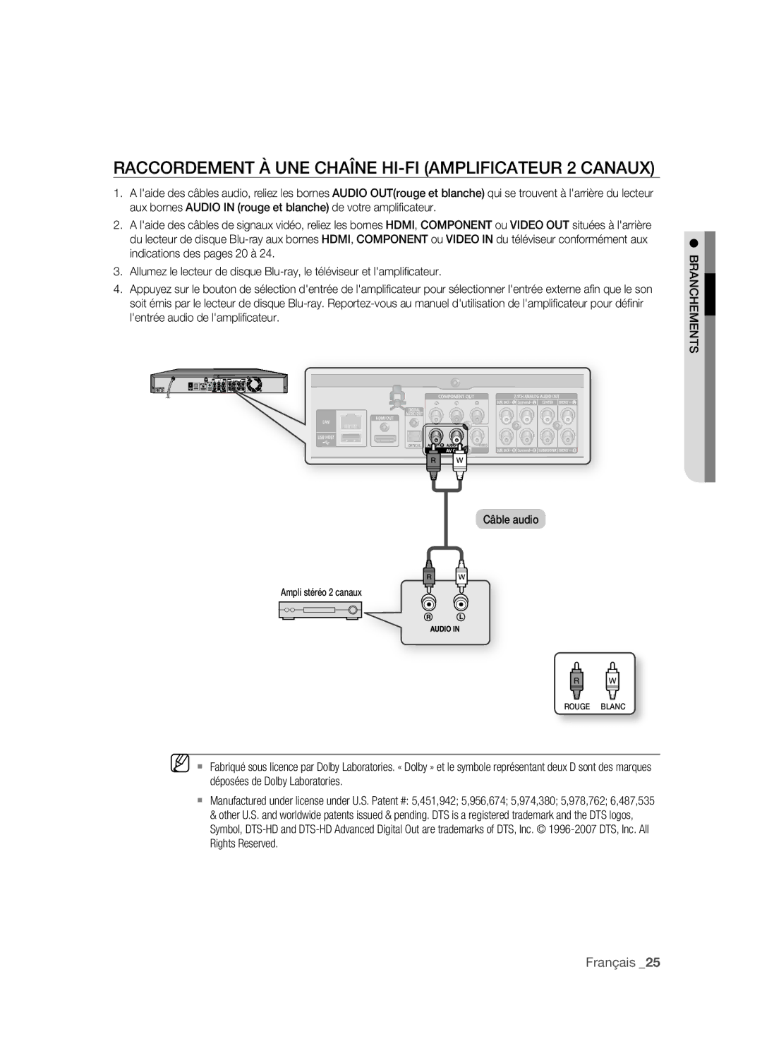 Samsung BD-P2500/XEF manual Raccordement À UNE Chaîne HI-FI Amplificateur 2 Canaux 