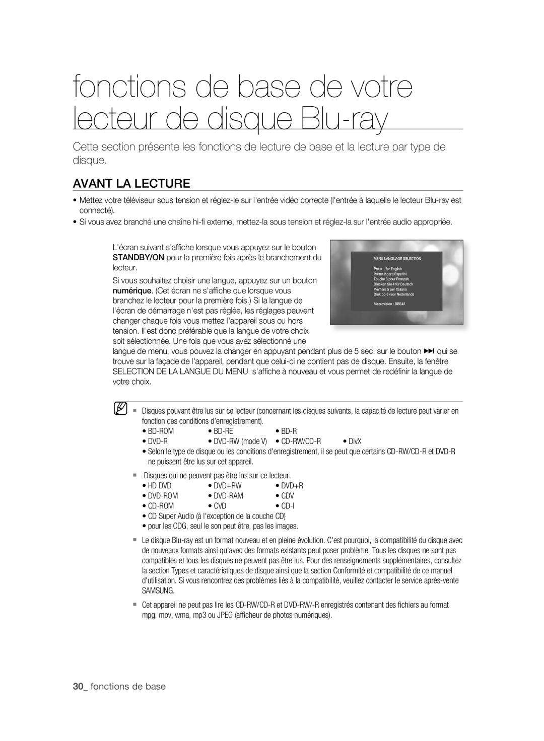 Samsung BD-P2500/XEF manual Avant LA Lecture, Fonctions de base 