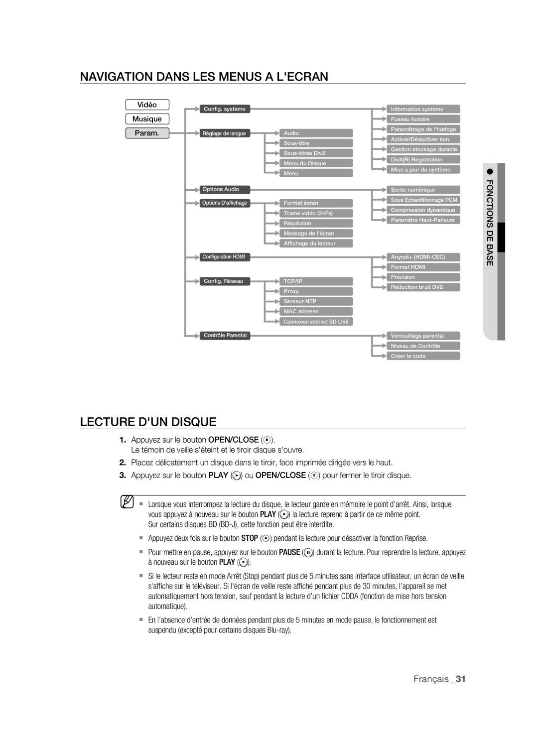 Samsung BD-P2500/XEF manual Navigation Dans LES Menus a Lecran, Lecture DUN Disque 