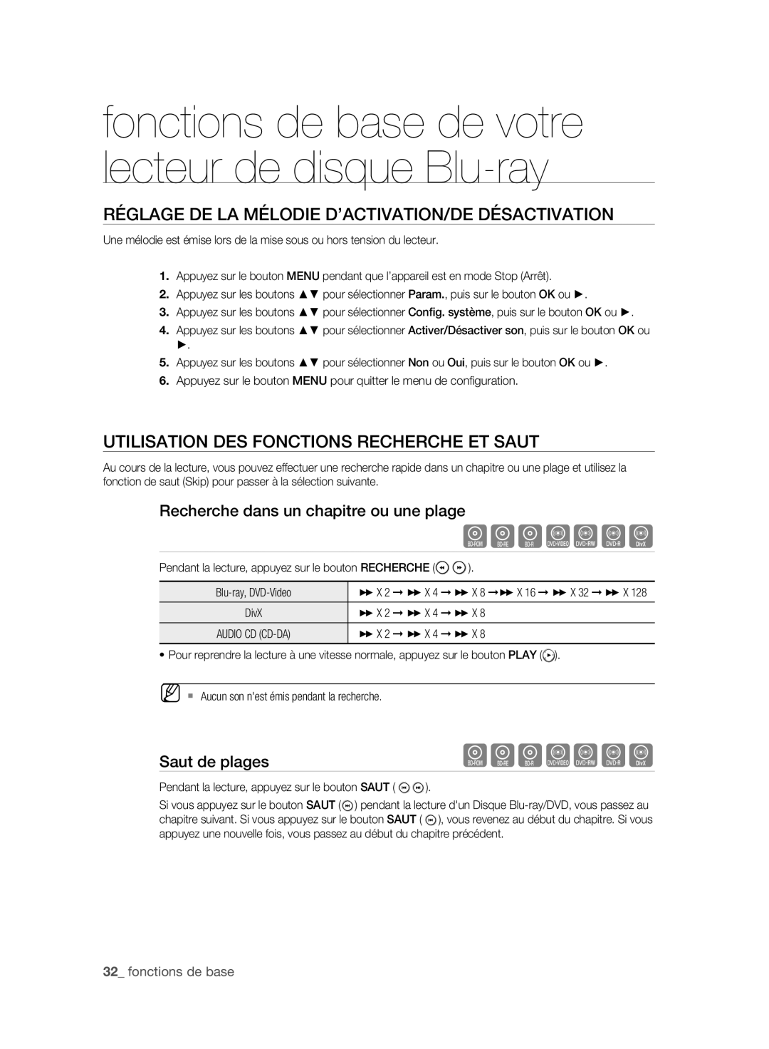 Samsung BD-P2500/XEF Réglage DE LA Mélodie D’ACTIVATION/DE Désactivation, Utilisation DES Fonctions Recherche ET Saut 