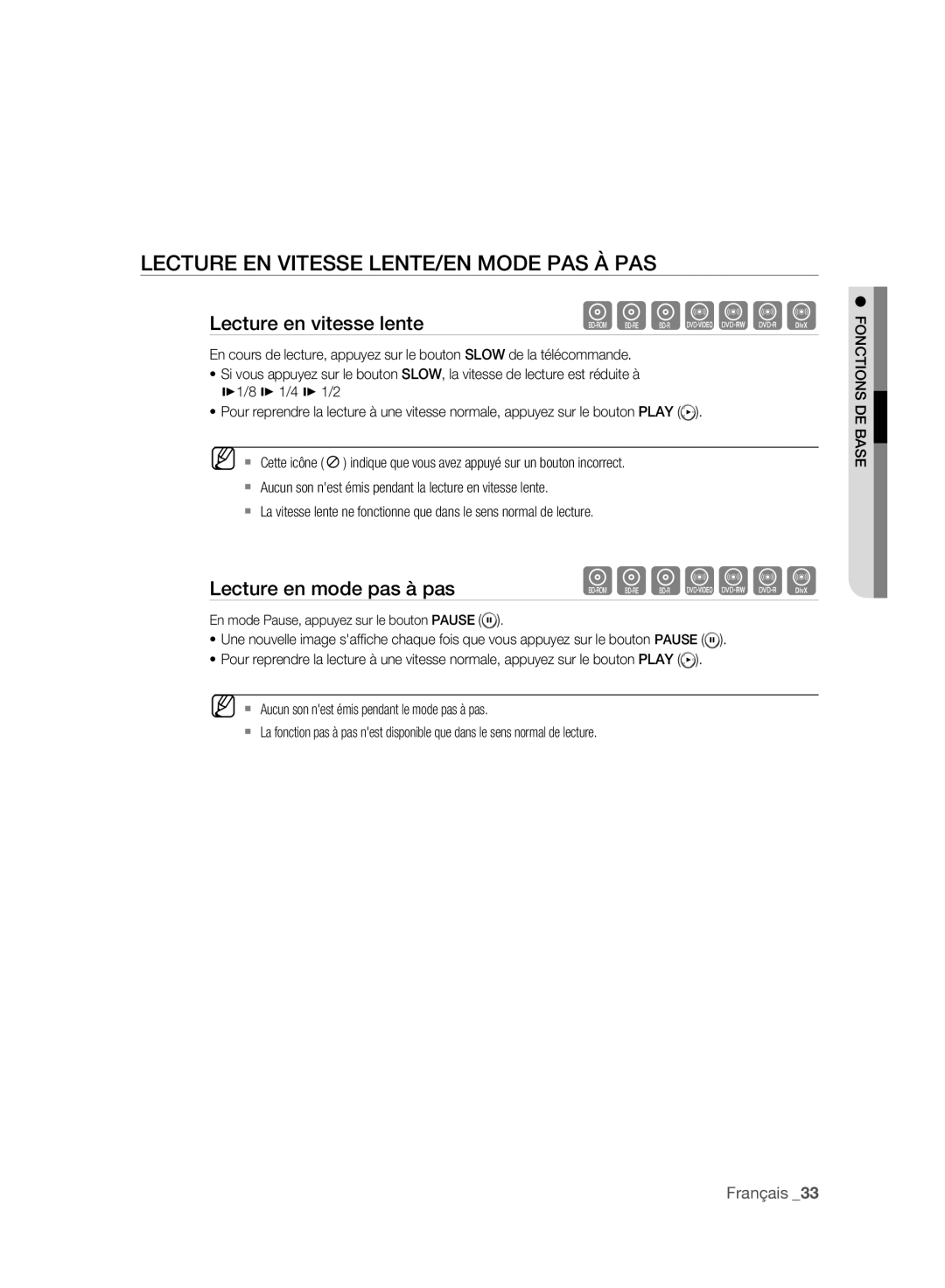 Samsung BD-P2500/XEF manual Lecture EN Vitesse LENTE/EN Mode PAS À PAS, Lecture en vitesse lente, Lecture en mode pas à pas 