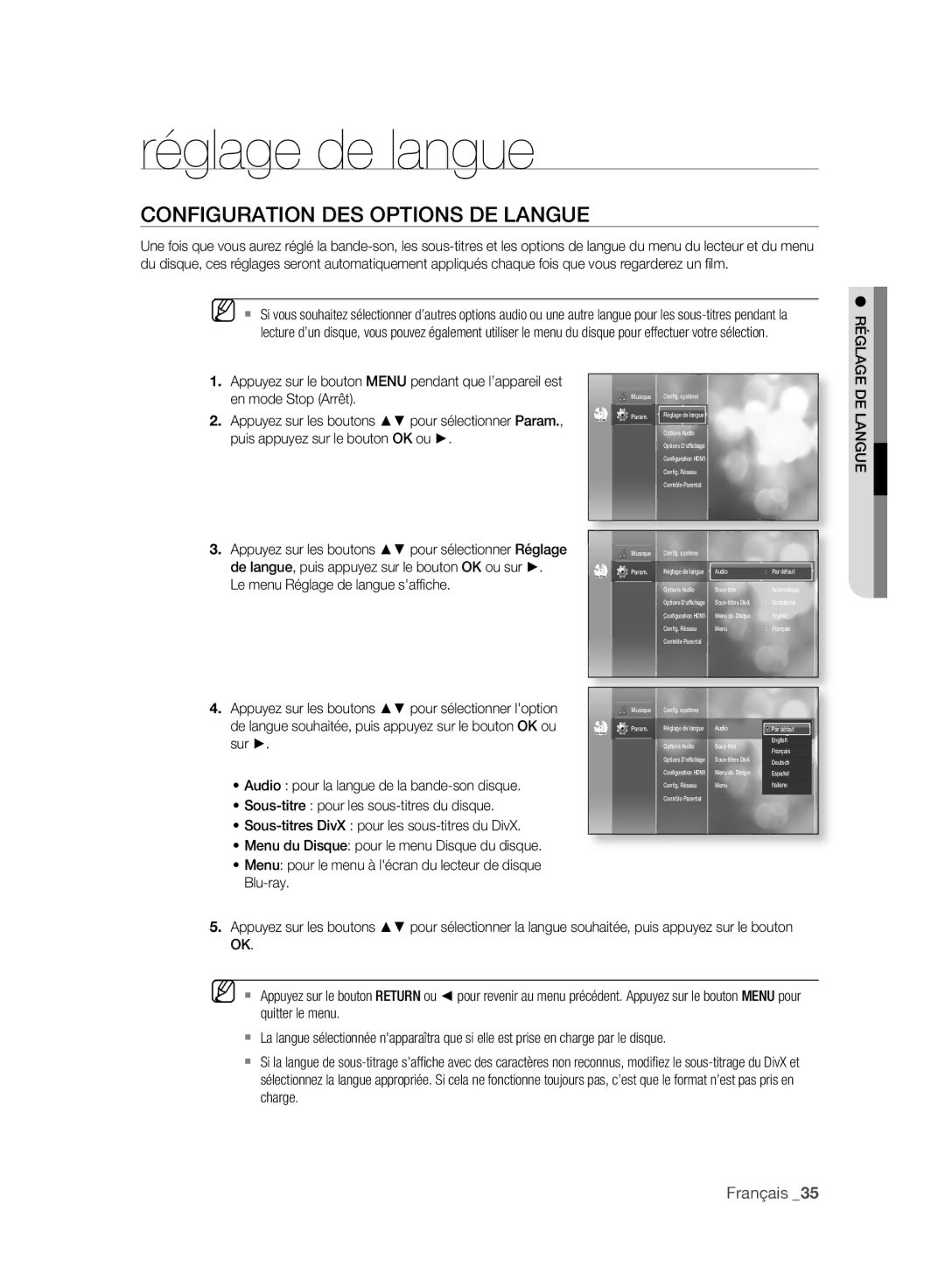 Samsung BD-P2500/XEF manual Réglage de langue, Configuration DES Options DE Langue, Réglage DE Langue 