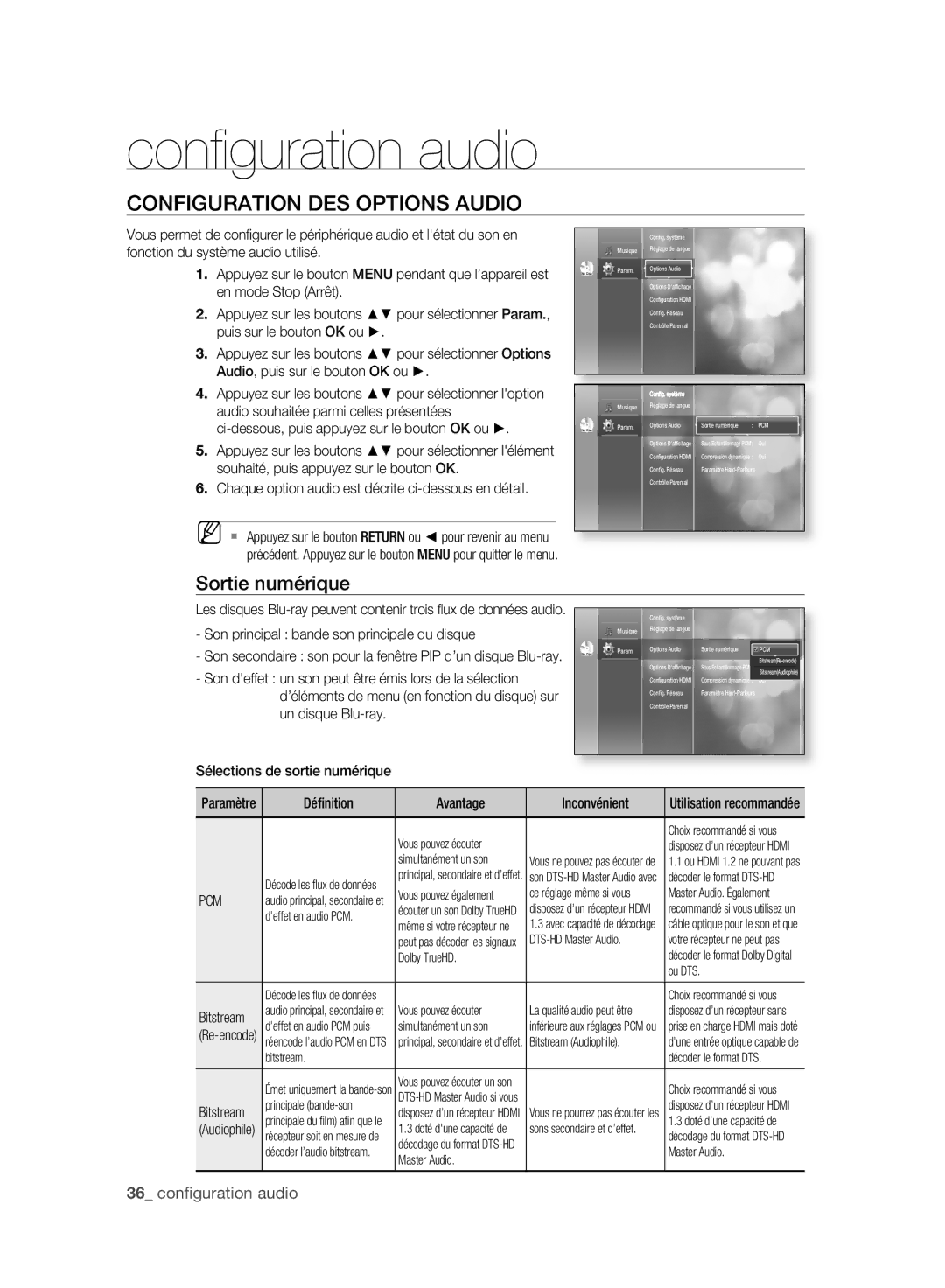 Samsung BD-P2500/XEF Conﬁ guration audio, Configuration DES Options Audio, Sortie numérique, 36 conﬁguration audio, Pcm 