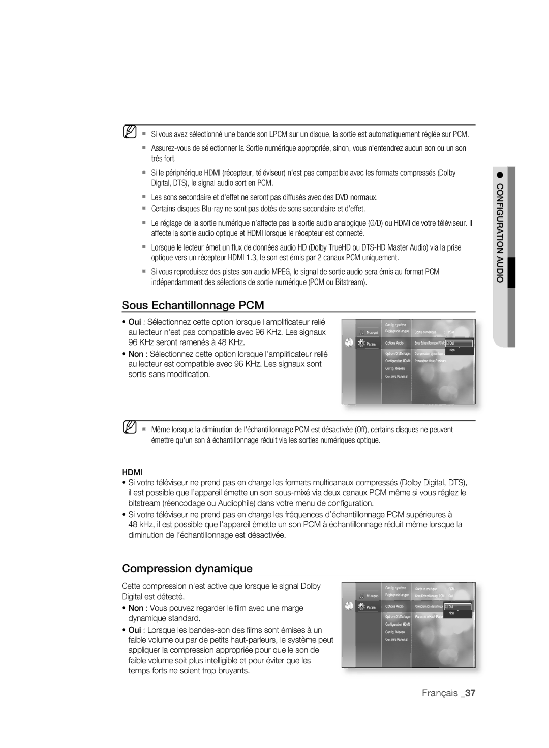 Samsung BD-P2500/XEF manual Sous Echantillonnage PCM, Compression dynamique, Hdmi, Configuration Audio 