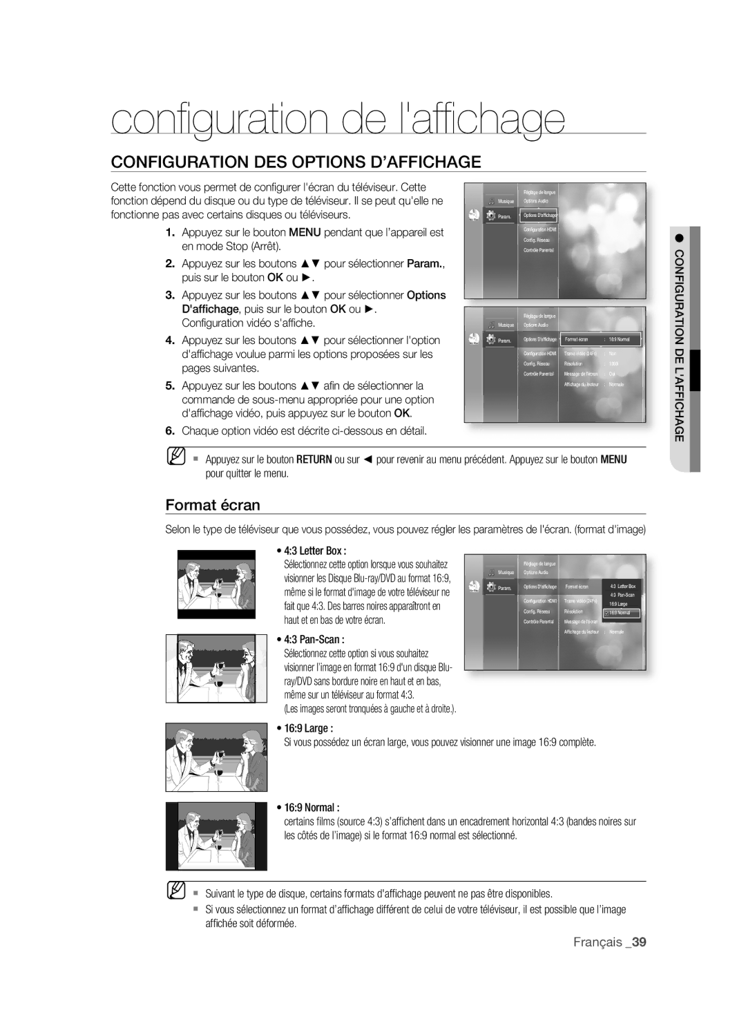 Samsung BD-P2500/XEF manual Conﬁ guration de lafﬁ chage, Configuration DES Options D’AFFICHAGE, Format écran 