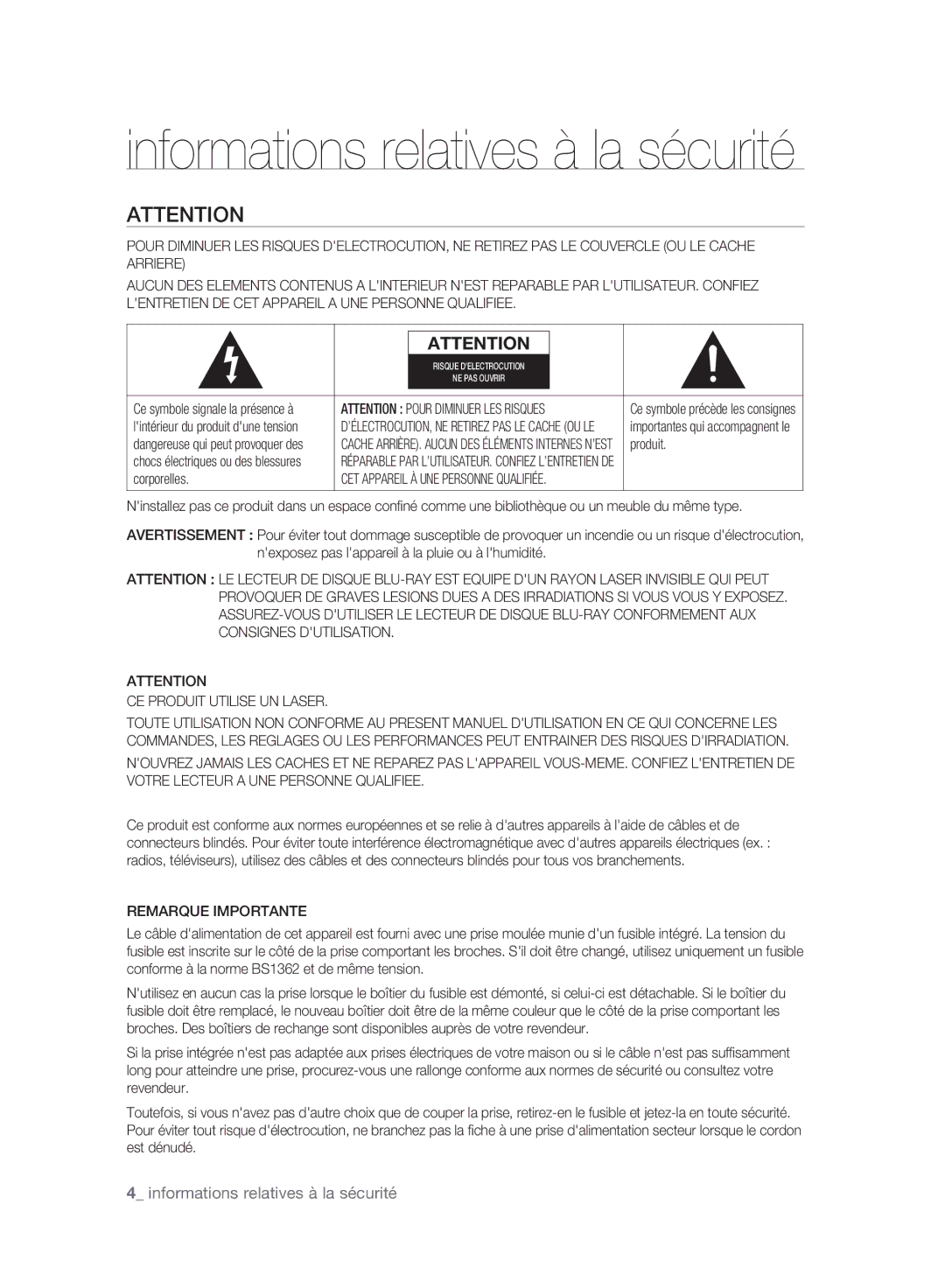 Samsung BD-P2500/XEF manual Informations relatives à la sécurité, Corporelles, CE Produit Utilise UN Laser 