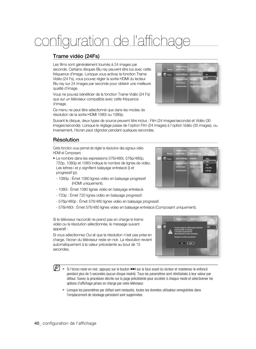 Samsung BD-P2500/XEF manual Résolution, 40 conﬁguration de lafﬁchage 