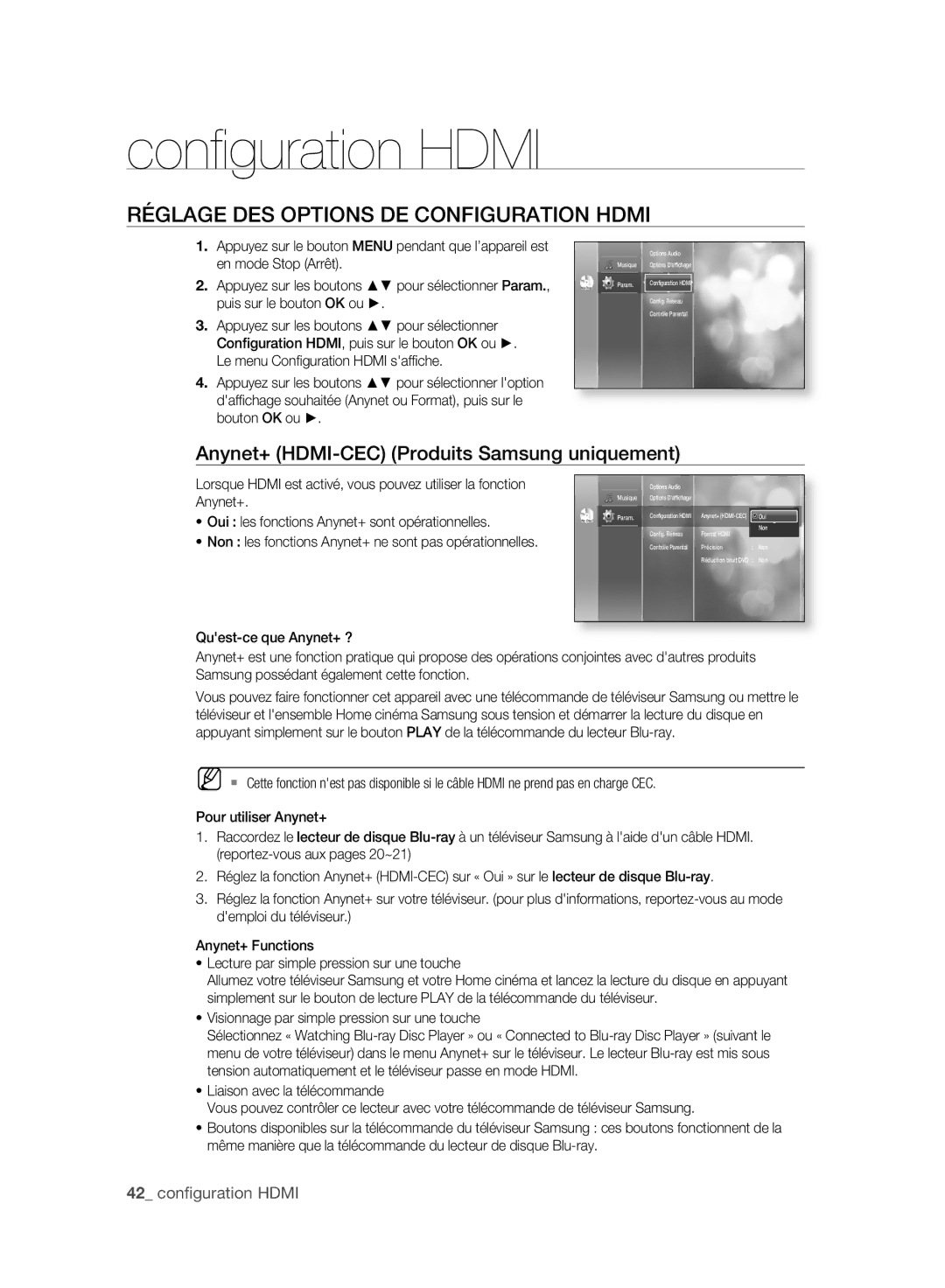 Samsung BD-P2500/XEF manual Conﬁ guration Hdmi, Réglage DES Options DE Configuration Hdmi, 42 conﬁguration Hdmi 