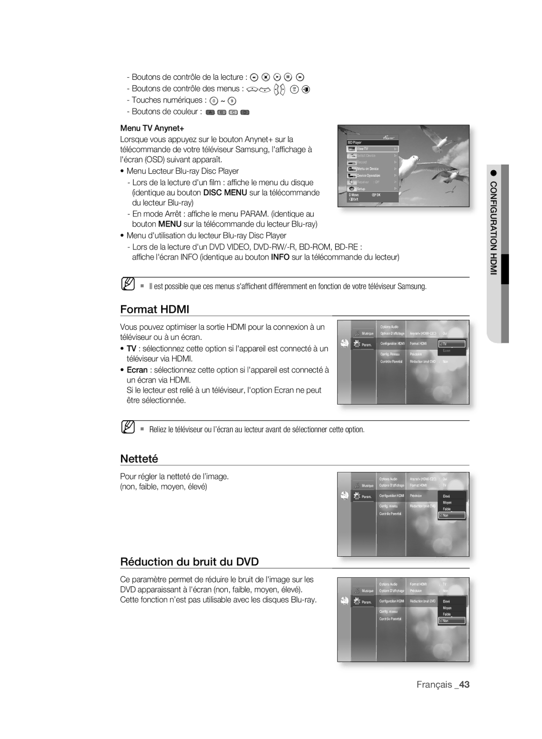 Samsung BD-P2500/XEF manual Netteté, Réduction du bruit du DVD, Configuration Hdmi 