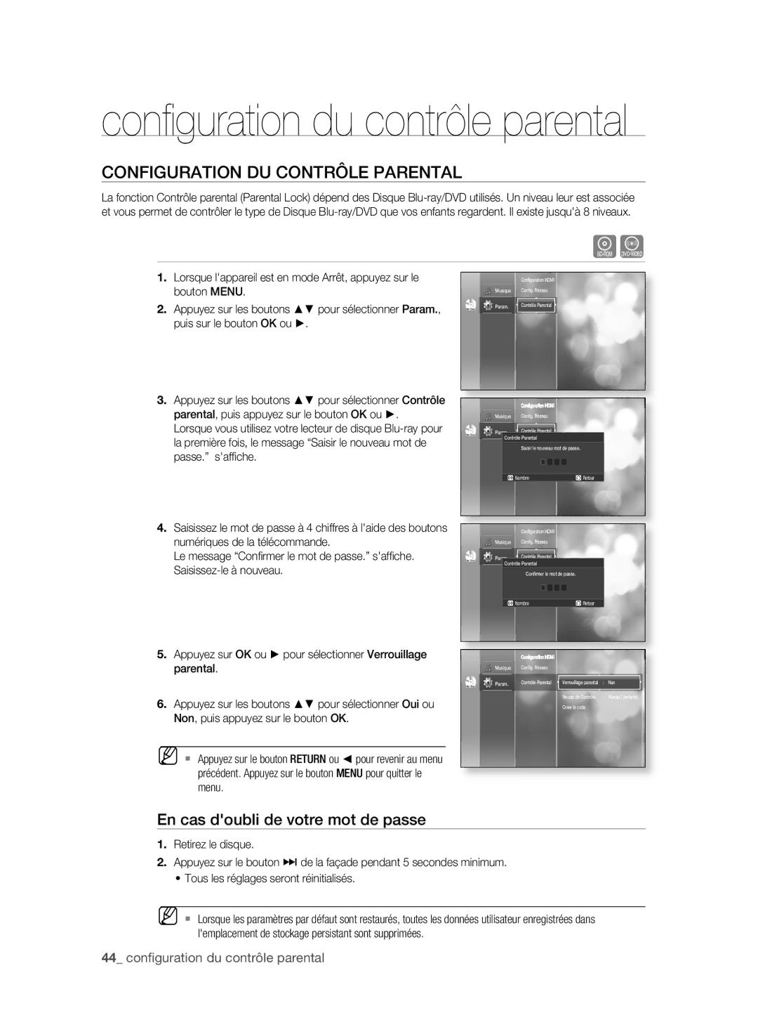 Samsung BD-P2500/XEF manual Configuration DU Contrôle Parental, En cas doubli de votre mot de passe 