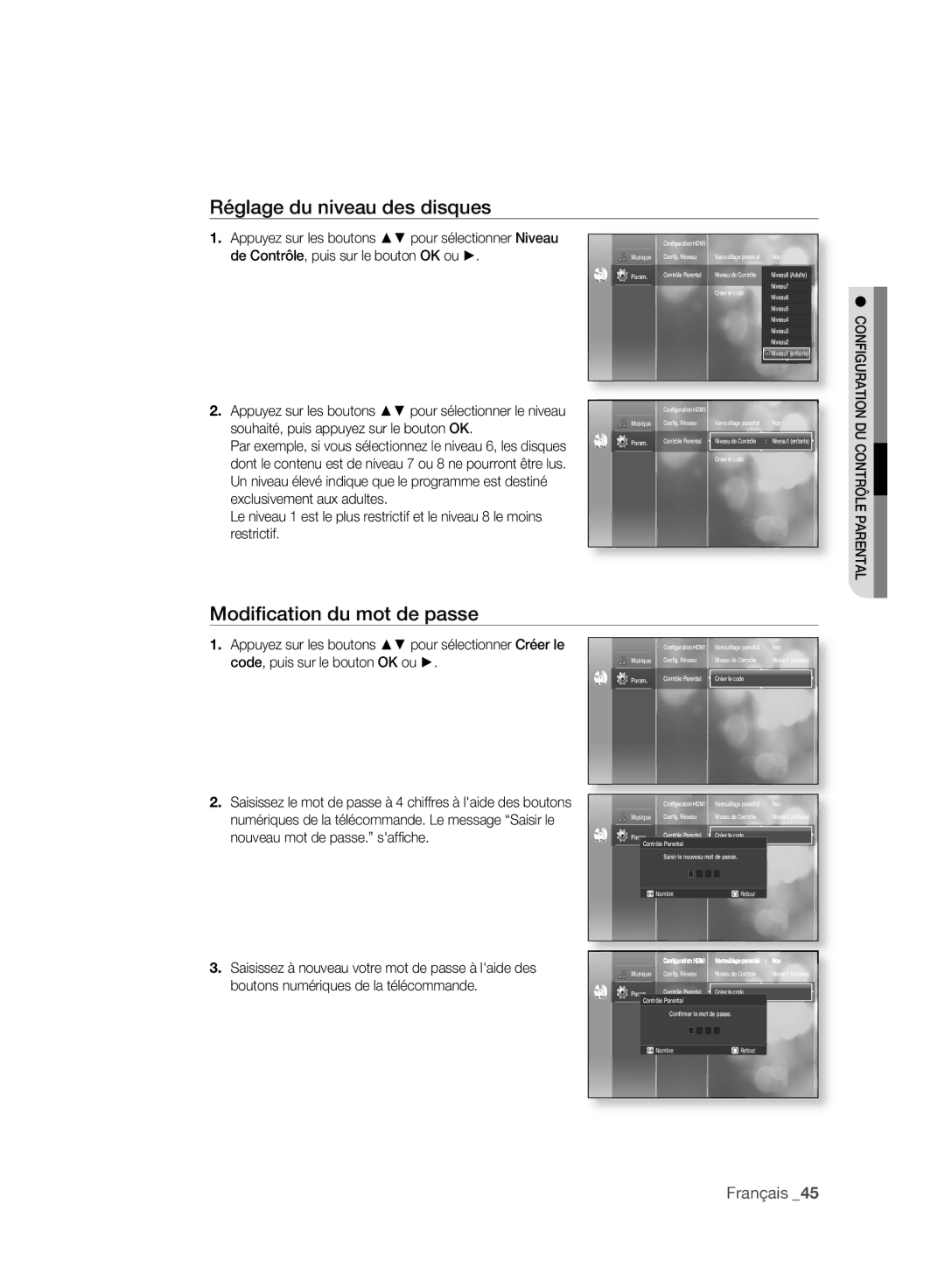 Samsung BD-P2500/XEF manual Réglage du niveau des disques, Modiﬁcation du mot de passe 