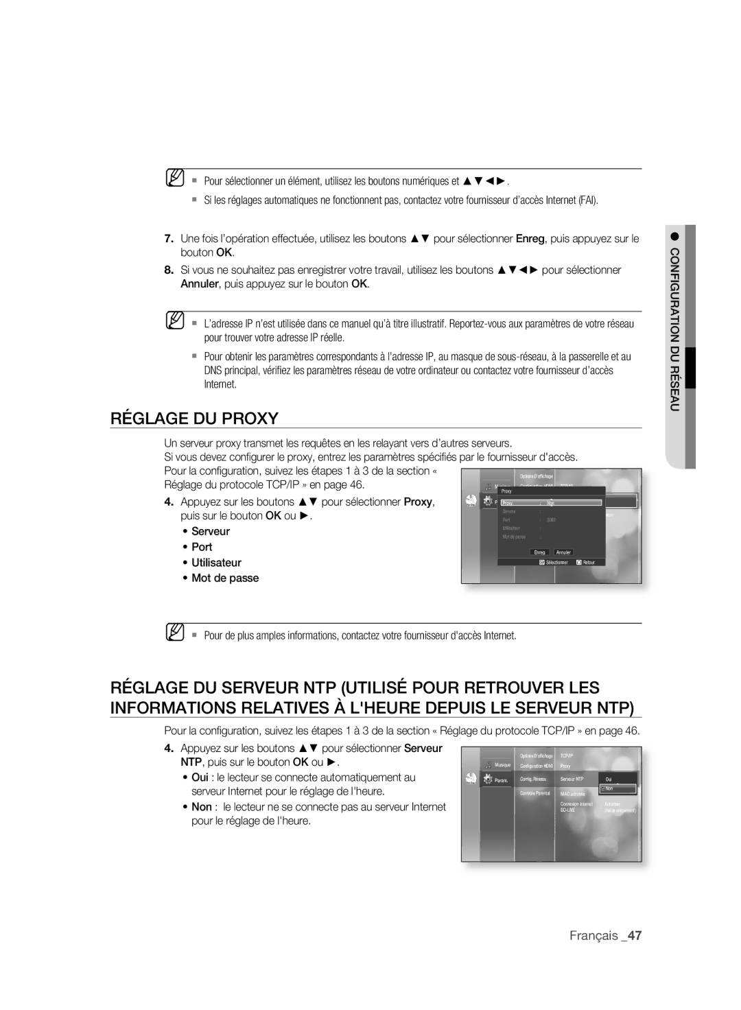 Samsung BD-P2500/XEF manual Réglage DU Proxy, Configuration DU Réseau 