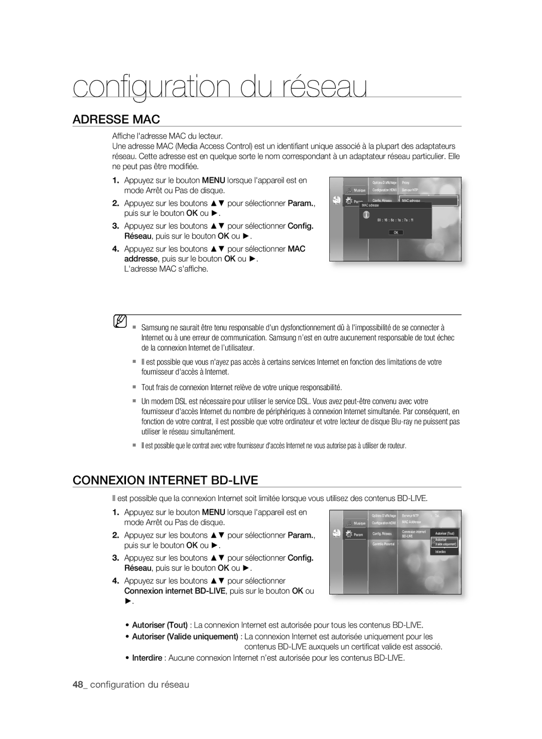 Samsung BD-P2500/XEF manual Conﬁ guration du réseau, Adresse MAC, Connexion Internet BD-LIVE, 48 conﬁguration du réseau 