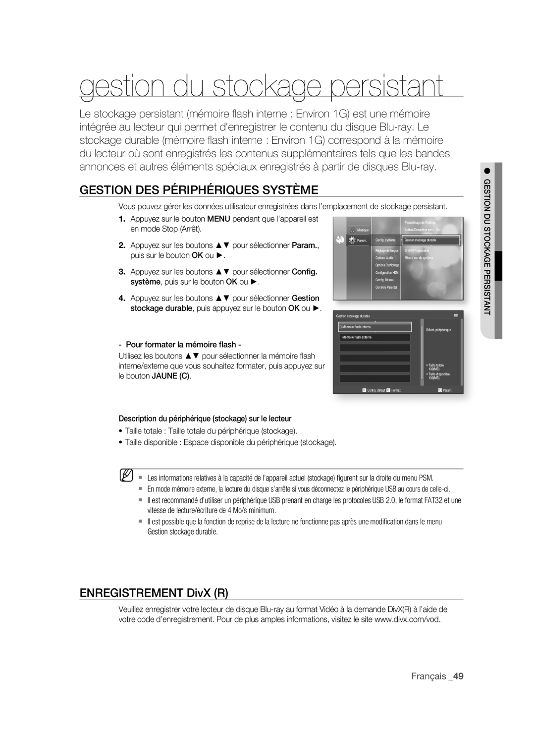 Samsung BD-P2500/XEF manual Gestion du stockage persistant, Gestion DES Périphériques Système 