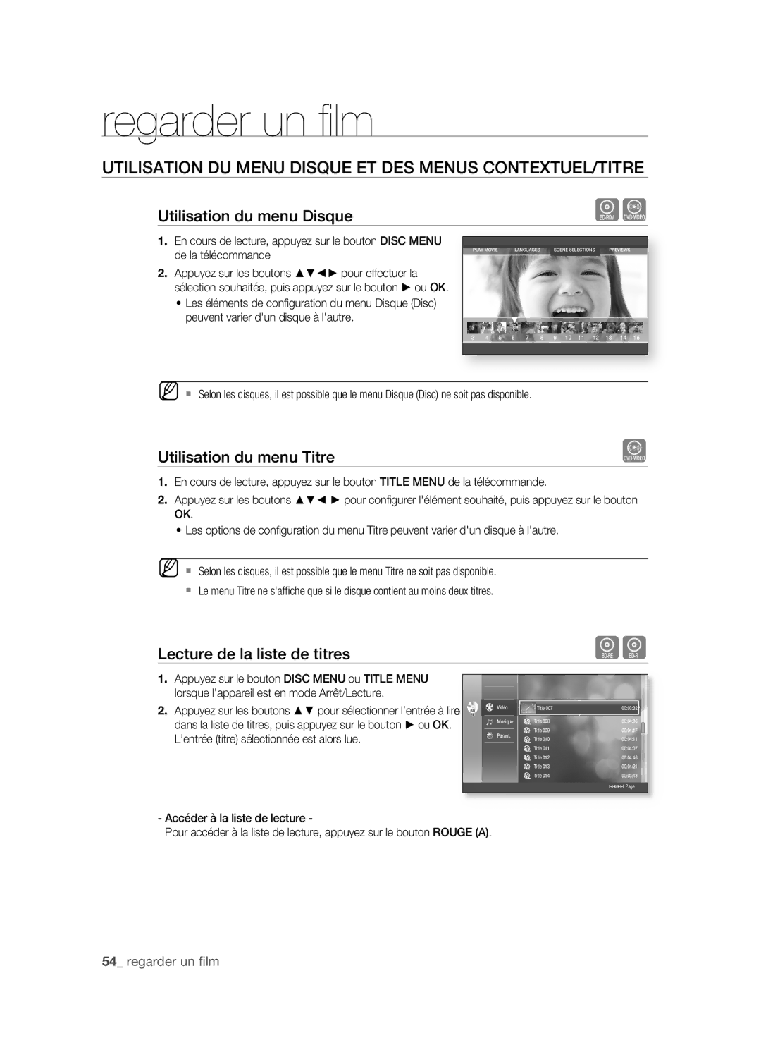 Samsung BD-P2500/XEF Utilisation DU Menu Disque ET DES Menus CONTEXTUEL/TITRE, Utilisation du menu Disque, Regarder un ﬁlm 