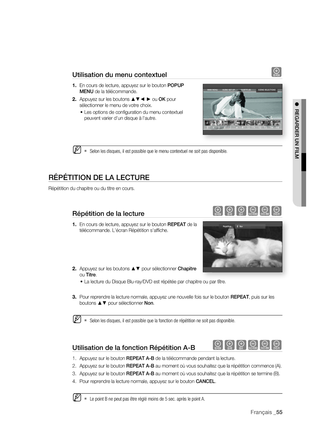 Samsung BD-P2500/XEF Répétition DE LA Lecture, Utilisation du menu contextuel, Répétition du chapitre ou du titre en cours 
