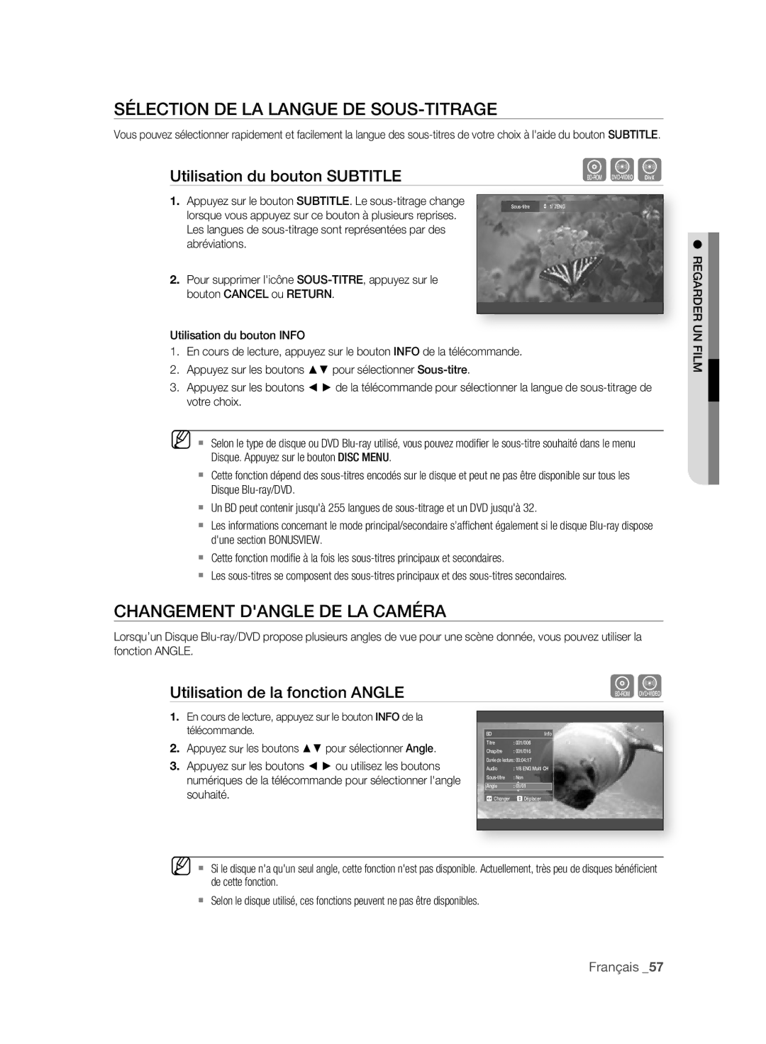 Samsung BD-P2500/XEF manual Sélection DE LA Langue DE SOUS-TITRAGE, Changement Dangle DE LA Caméra 