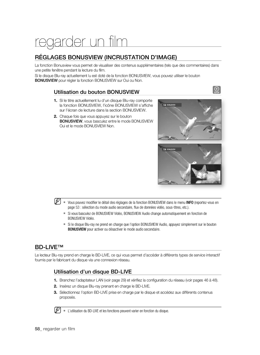 Samsung BD-P2500/XEF manual Réglages Bonusview Incrustation D’IMAGE, Bd-Live, Utilisation du bouton Bonusview 