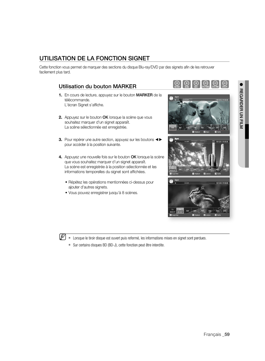 Samsung BD-P2500/XEF manual Utilisation DE LA Fonction Signet, Utilisation du bouton Marker 