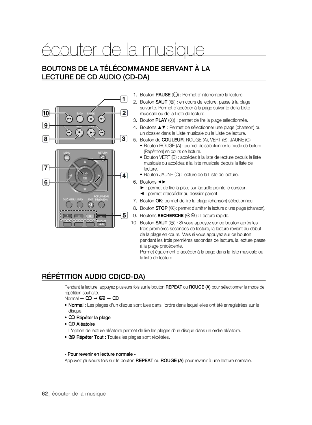 Samsung BD-P2500/XEF Répétition Audio CDCD-DA, 62 écouter de la musique, Bouton Pause Permet d’interrompre la lecture 