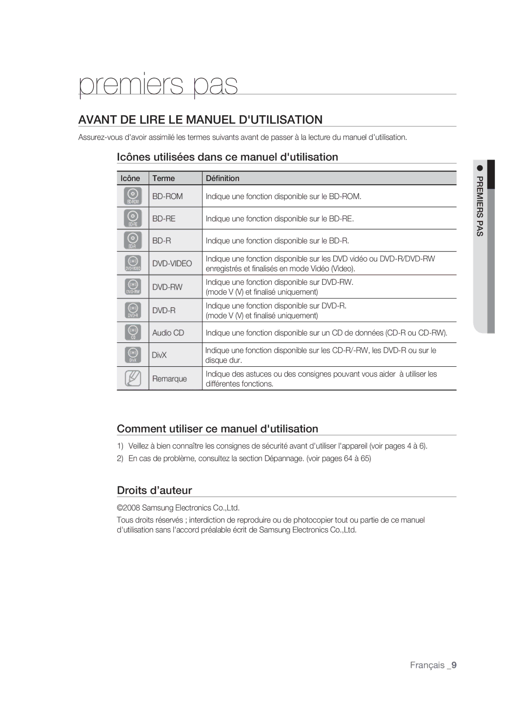 Samsung BD-P2500/XEF Premiers pas, Avant DE Lire LE Manuel Dutilisation, Icônes utilisées dans ce manuel dutilisation 