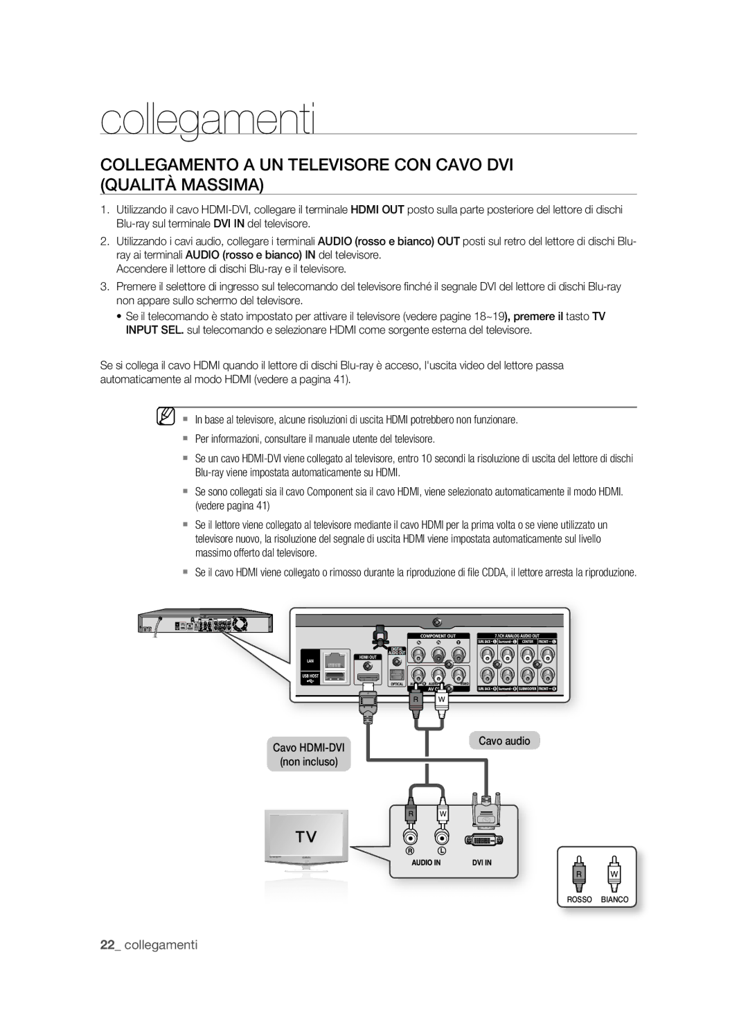 Samsung BD-P2500/XEF manual Collegamento a UN Televisore CON Cavo DVI Qualità Massima, Cavo HDMI-DVI Non incluso Cavo audio 